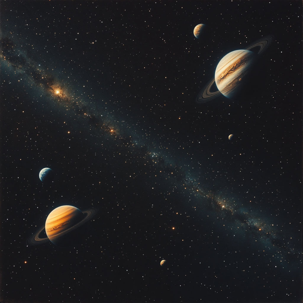 Horizontale Zeitband-Darstellung mit abstrahierten planetarischen Bahnen, linearen Markierungen und numerischen Skalen auf dunklem Hintergrund; wissenschaftlich-analytischer Stil mit Akzenten in Rot, Blau und Gelb